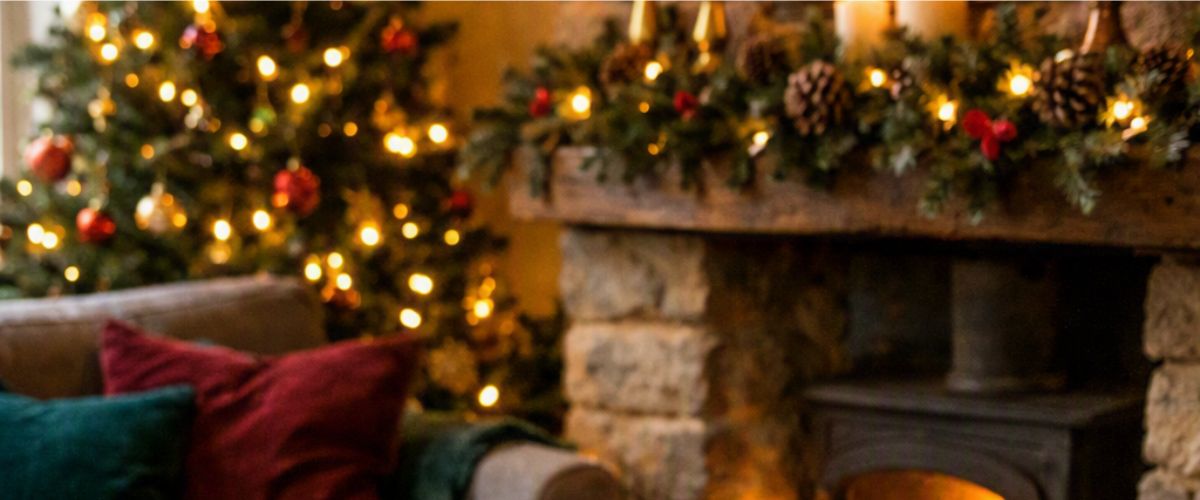 Cosy decorated British living room at Christmas with glowing tree, stone fireplace garland and jewel-toned cushions