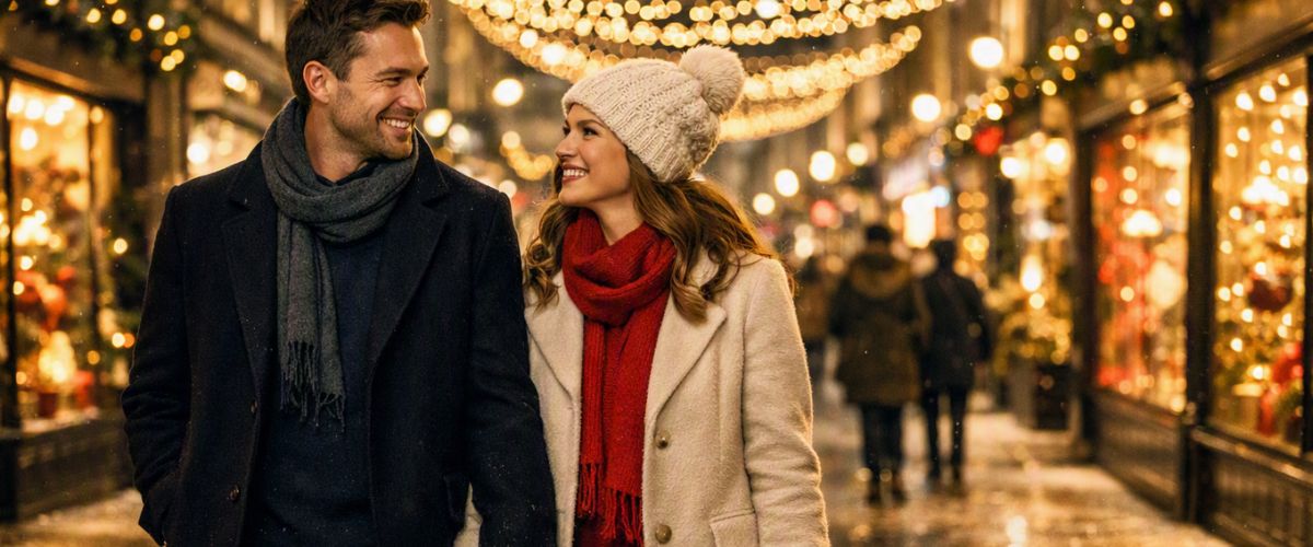 Couple walking along a beautifully lit London street at night during Christmas with fairy lights and glowing shop windows - AI Image
