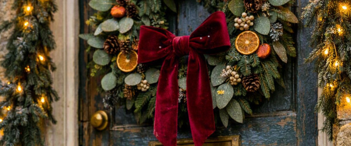 Real British front door decorated for Christmas with eucalyptus wreath, velvet bow, fairy lights and lanterns