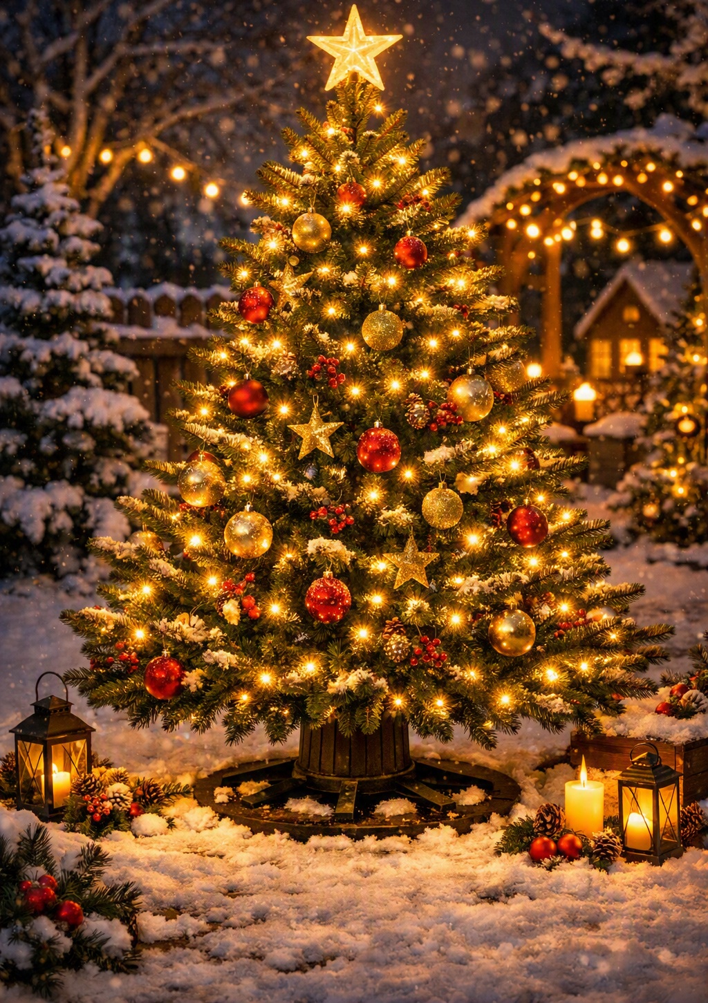 Outdoor Christmas tree glowing with warm white lights in a snowy garden, decorated with red and gold weatherproof baubles, lanterns on either side and a wooden arch and cabin softly lit in the background - AI.