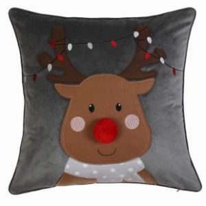 Christmas Cushions & Throws 2023 - Homebase Reindeer Cushion with Pom Pom Nose - 45x45cm