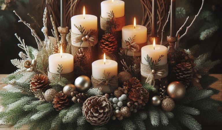 Seasonal Centerpiece with Pine cones and candles