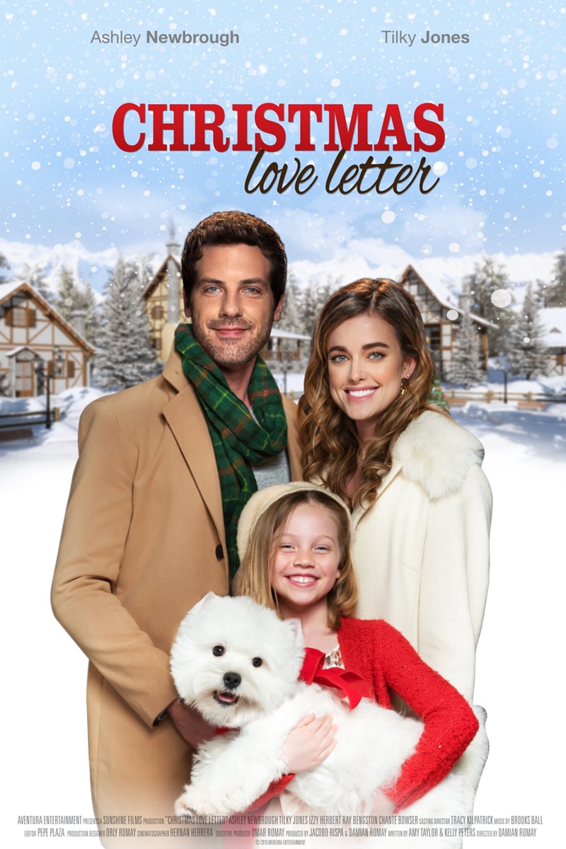 Great! Christmas film Christmas Love Letters with the stars of the show and a Christmas, snowy scene.