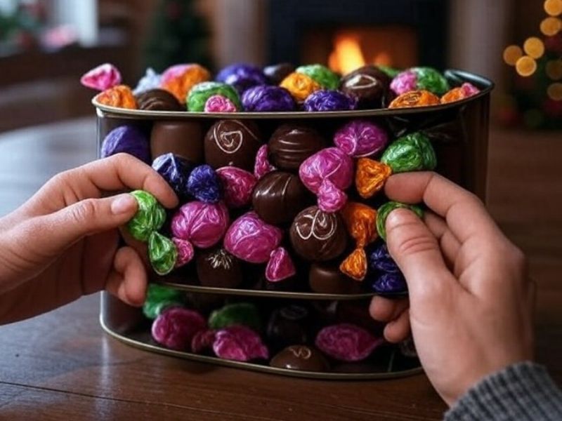 People grabbing a Christmas Chocolate