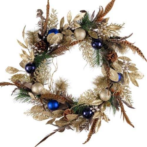 B&M CHRISTMAS 2025 FROSTED NIGHT PRE-LIT NAVY & CHAMPAGNE WREATH WITH FEATHERS
