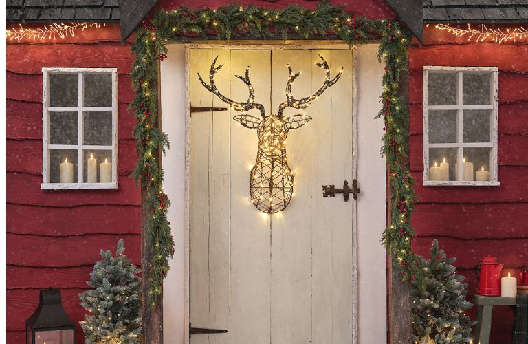 Christmas Doorscaping - Porchscaping - Red Christmas Cabin Light Up Reindeer - Lights4Fun