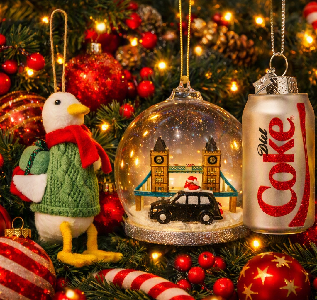 Festive Christmas scene featuring three unique christmas baubles — a plush duck in a green sweater and red scarf, a golden and a London-themed snow globe with Tower Bridge and Santa — surrounded by red, gold, and glittering baubles, pine branches, candy canes, and warm twinkling lights creating a cosy holiday atmosphere - AI.
