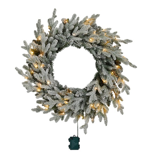 Image of lights4fun pre lit snowy wreath with led lights and snow dusted pine needles.