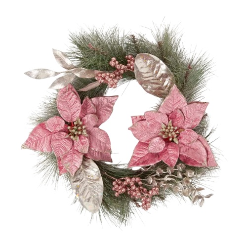 Image of a wreath with pink poinsettia flowers and green foilage.