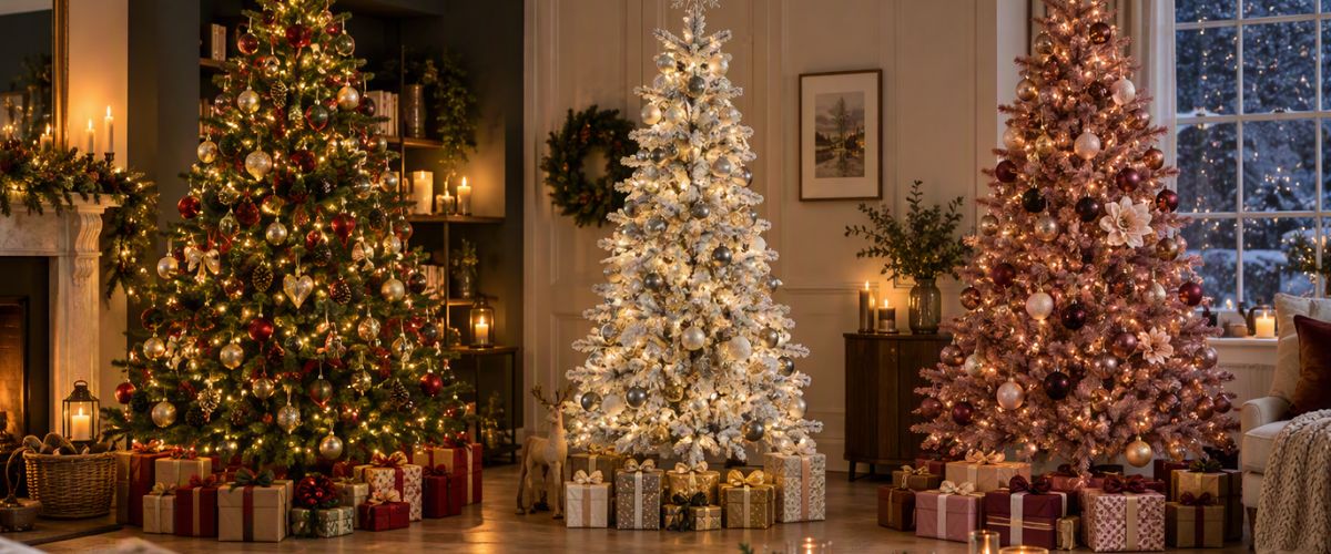 Three Christmas tree styles in cosy UK living room — traditional green pre-lit slim white frosted and contemporary coloured