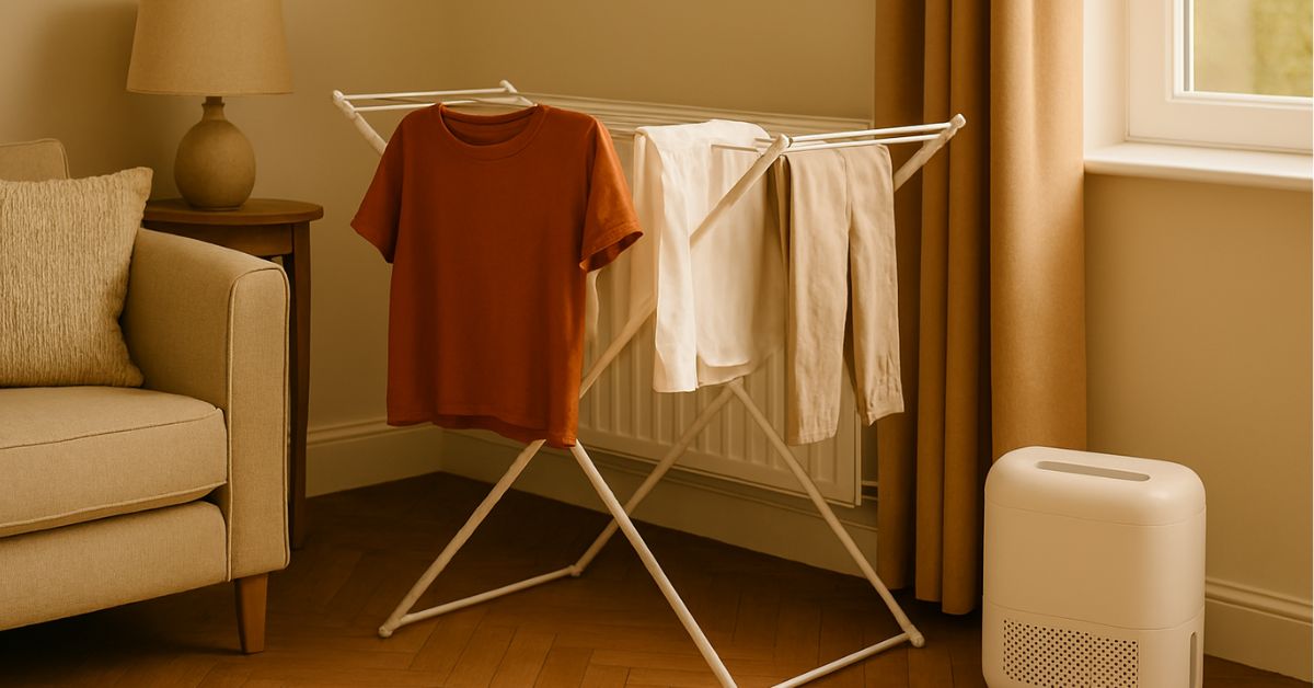 Image of a living room with clothes drying indoors copilot
