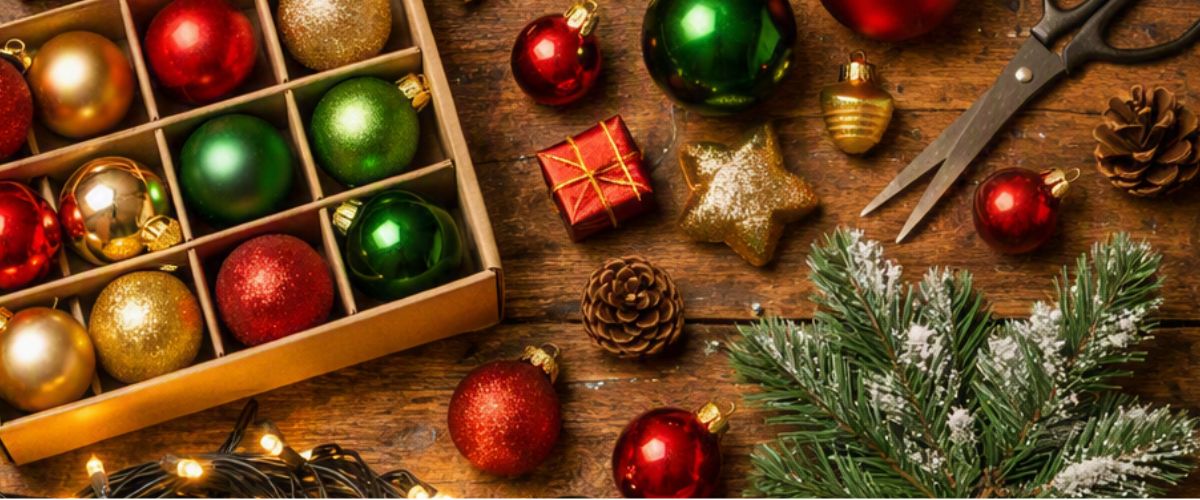 Christmas decorations laid out ready for sorting, including baubles, fairy lights and ribbon