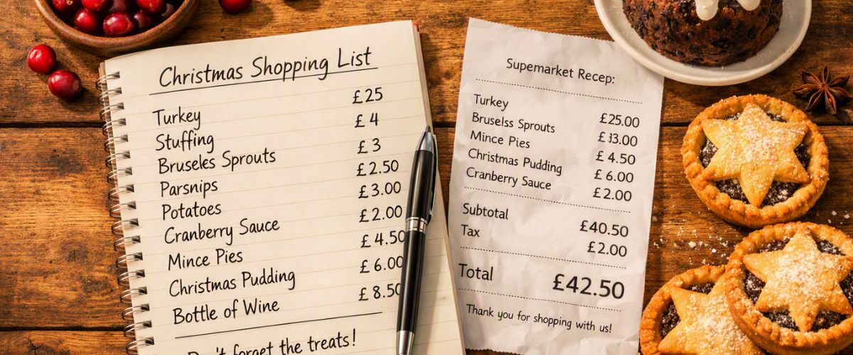 Christmas food shopping list with festive ingredients including cranberries and mince pies