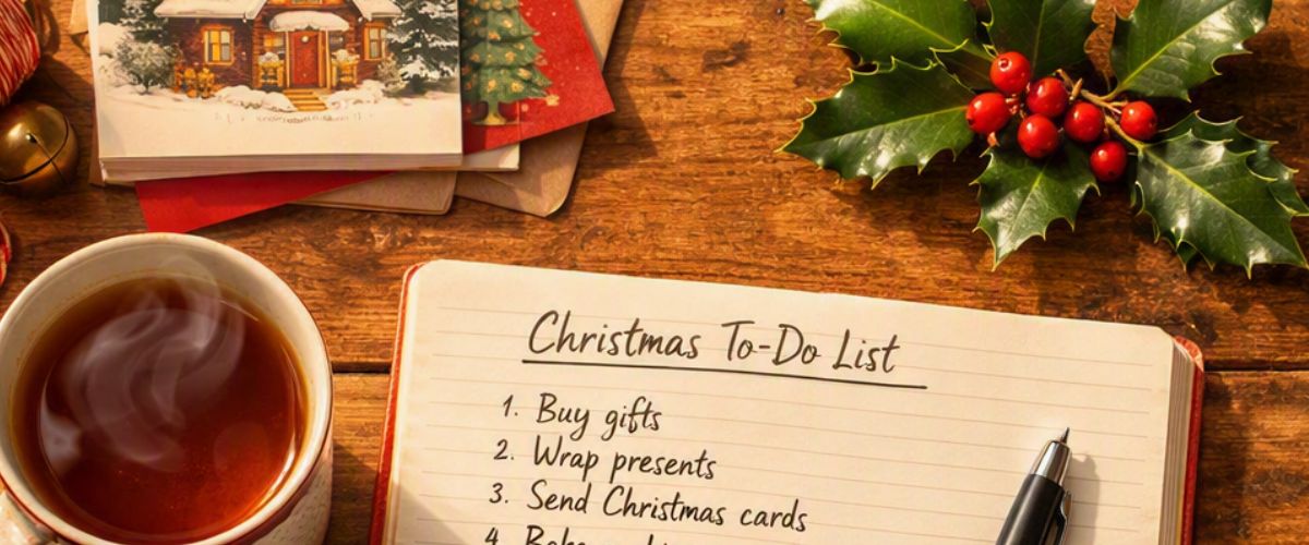 Christmas planning checklist with tea, cards and notebook — getting ready for Christmas early