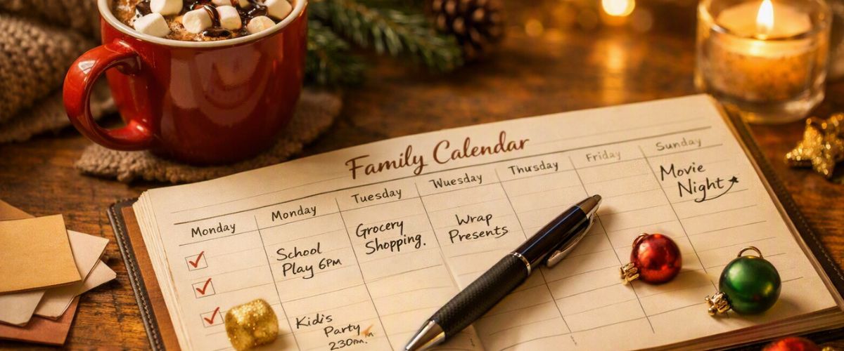 Family diary open on a table for booking Christmas events and grotto visits in advance