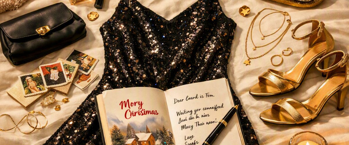 Festive party outfit laid out ready for the Christmas season