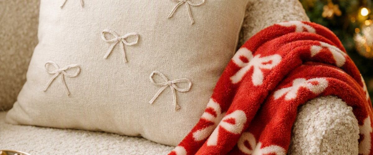 Home Christmas Decor using Bows on Cushions & Throws
