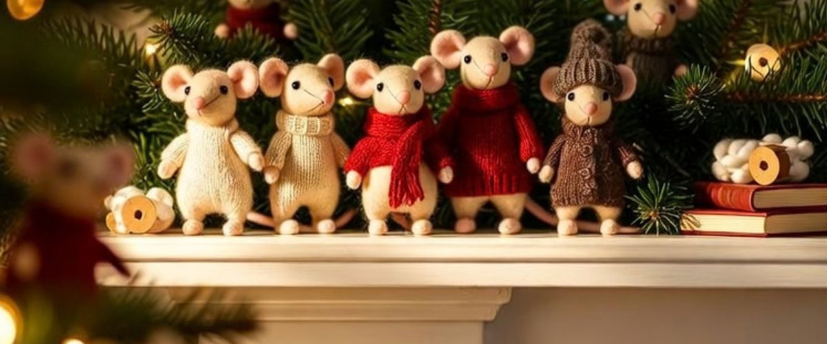 A series of Christmas Mice on a mantlepiece