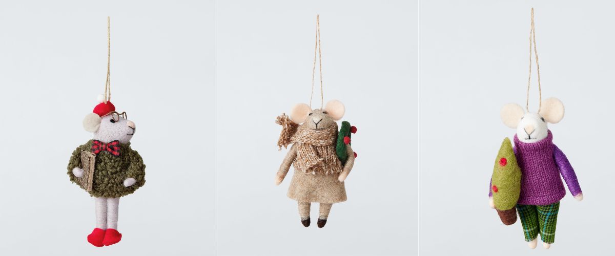 Felt Christmas mouse decorations with jobs hanging on a tree - John Lewis 2026 Collection