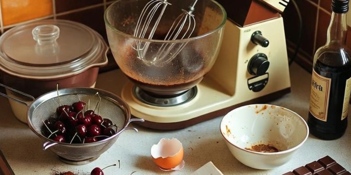 Image of kitchen and ingredients used for the black forest gateau